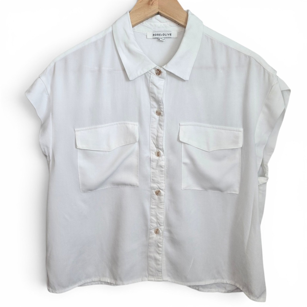 Rose & Olive Top Womens Large White Button Cropped Cap Sleeve Casual